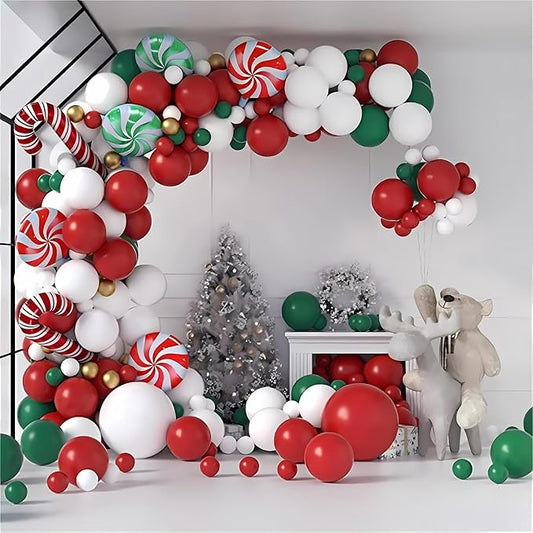 Mxdfafa 132Pcs Christmas Red Green White Gold Latex Balloon Arch Kit, Holiday Party Decorations, Candy Cane Themed Supplies