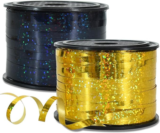 BEISHIDA 2 Pack 100 Yards Black Gold Curling Crimped Glitter Ribbon Balloon String Shiny Metallic for Gift Wrapping Ribbon 2026 Happy New Year Graduation Retirement Birthday Party Decoration
