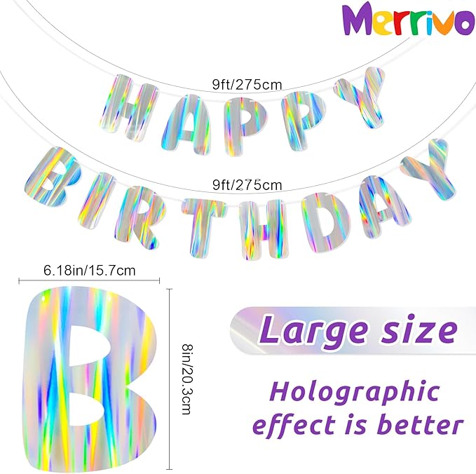 Iridescent Happy Birthday Banner, Pre-Strung Holographic Birthday Decorations Vibrant Party Sign with Aurora, Rainbow Effects