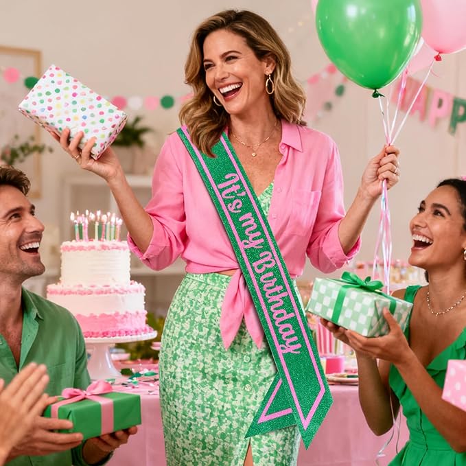 Pink Green Birthday Sash for Girls, Witch Themed Sash with Glitter Foil for Girl Happy Funny Accessories for Women Party Favors Supplies