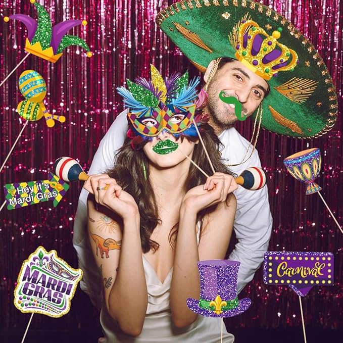 30 Pcs Mardi Gras Photo Booth Props Kit,Carnival Masquerade Fat Tuesday,New Orleands Decorations,Cosplay Photo Shoot Gold Purple Masks Bougie Party Supplies