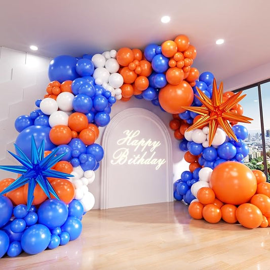 Blue and Orange White Balloon Arch Kit, 145Pcs Royal Blue Orange WhiteBalloon Garland kit, Different Size Balloons for Girl Birthday Anniversary Baby Shower Graduation Prom Party Decorations
