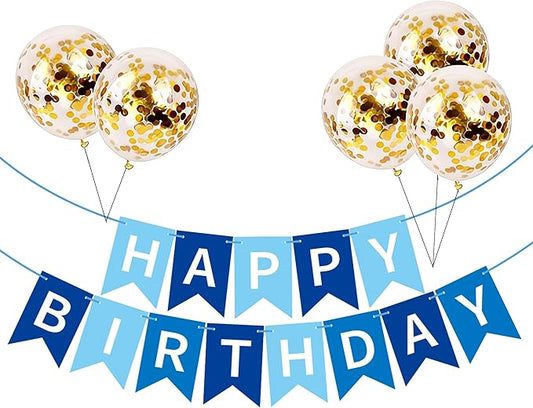 Happy Birthday Banner Sign Bunting Hanging Decorations with Shiny Gold Balloons Birthday Party Sign Decor for Party Supplies(Blue+White)