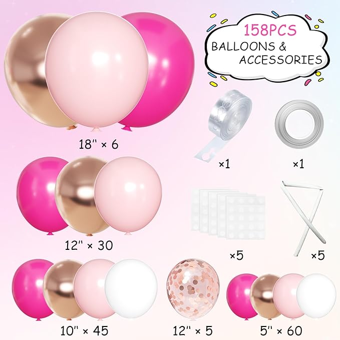 MEBAY Rose Red Pink Champagne Balloon Arch Garland Kit, 146 Pcs Hot Pink Confetti Rose Gold Tender Pink White Balloons for Graduation Birthday Party Baby Shower Wedding Decorations