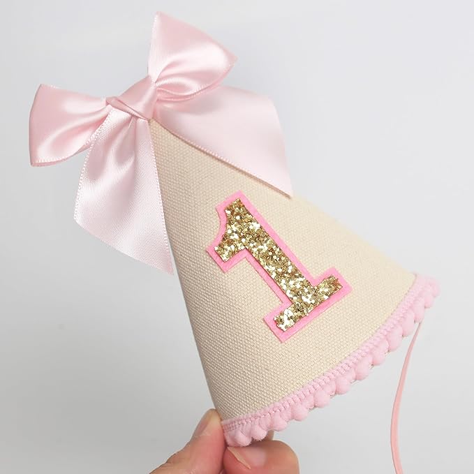 Pink Bow 1st Birthday Hat For Girl -Pink Girls First Birthday Decorations,Princess Theme Photo Prop,Size: 5.5×3.1 In