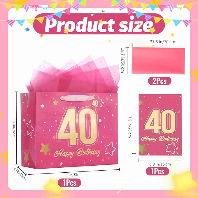 Powbrace 13" Pink 40th Birthday Gift Bag with Tissue Paper and Greeting Card for Party,Happy Birthday Gift Bag for Men Women,Gift Bags Medium size(1 Pink 40th)