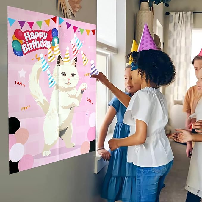 PARTYLOUD Cat Birthday Party Games, Pin The Hat on The Cat, Cat Themed Pet Party Games Toddlers Preschool Party Supplies Favors for Boys Girls Adults 24 Guests