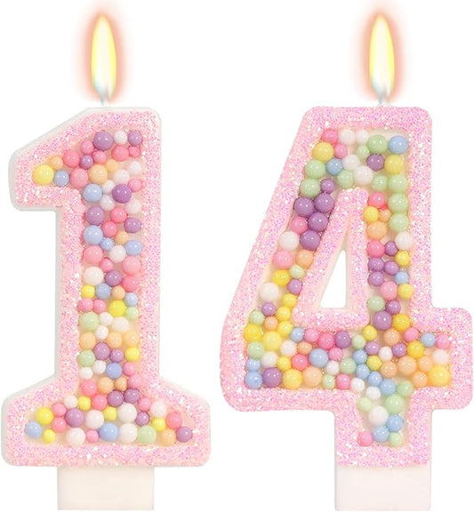 Birthday Candles - Number 14 Candle, Colorful Macaron Candles, 14 Birthday Decorations for Girls, Sweet Cake Decorations, Sweet Theme Party Supplies (Pink)