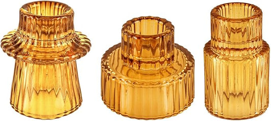 Double Sided Vintage Ribbed Taper Glass Candle Holders,Tea Candle Holder for Table Centerpieces, Wedding Decorations and Dinner Parties (Amber, 3 PCS)