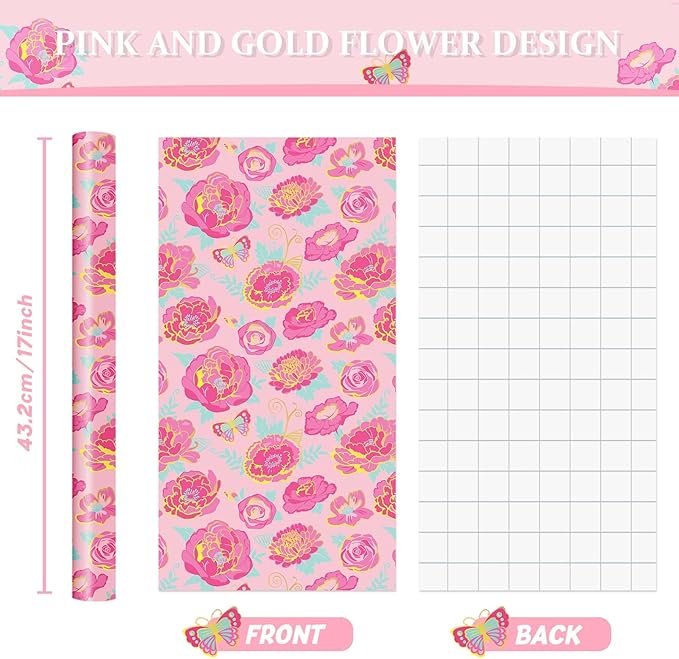WERNNSAI Mothers Day Wrapping Paper - 1 Roll 17” x 33 ft Mother’s Day Wrapping Paper Pink Floral Gift Wraps Roll Pink Rose Metallic Foil Design for Women Mom Birthday