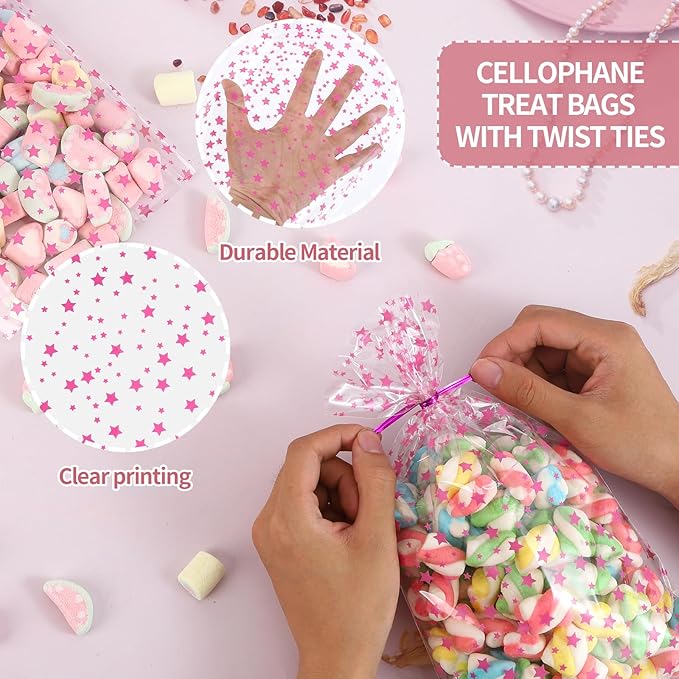 100Pcs Cellophane Treat Bags,7 X 12 Inches Pink Star Clear Cellophane Bags,100 Twist Ties,for Gift Wrapping,Packaging Candies,Dessert,Bakery, Cookies, Chocolate,Party Party Decorations