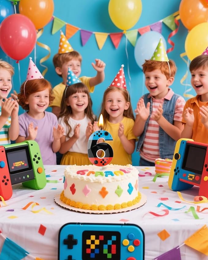 Number 6 Level Birthday Candles, 2.68 inch Gamer Candles, Red Blue Birthday Candles, Game Controller Gamepad Candles,Video Game Controller Themed Kids Boy Bday Party Supplies