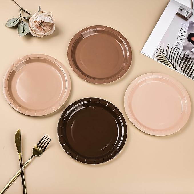 AimFun 48Pcs Brown Paper Plates Gradient Brown Party Plates 4 Colors 7”Disposable Round Dessert Plates for Birthday Holiday Thanksgiving Gathering Party Supplies