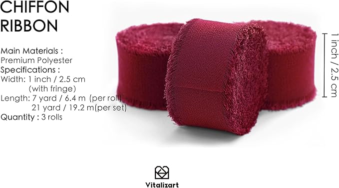 Vitalizart Burgundy Red Chiffon Silk Ribbon 1" x 21 Yd Fringe Fabric Package (3 Rolls * 7 Yd) for Wedding Invitations Bridal Bouquets Decorations Gifts Wrapping & Bow Making