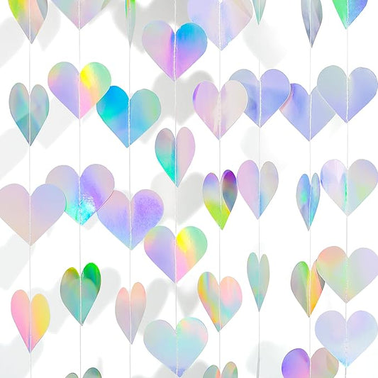 40Ft Iridescent Holographic Heart Valentines Day Garland Disco Hanging Streamer Decor for Galentines Valentines Day, Wedding, Bridal Bachelorette Baby Shower Birthday Party