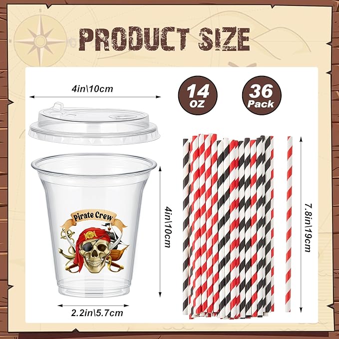 Boao 36 Sets Pirate Party Cups with Lids and Paper Straws 14 oz Skull Crossbones Treasure Drinking Cups Bulk for Halloween Pirate Birthday Baby Shower Party Supplies