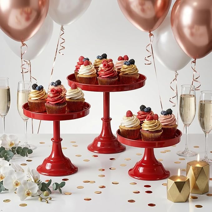 3 Pcs Metal Round Cake Stand Set 8“10”12" Cake Display Stand Dessert Cupcake Display Tray for Graduation,Wedding,Birthday,Party,Baby Shower,Anniversary,Ceremony,Christmas (Red)
