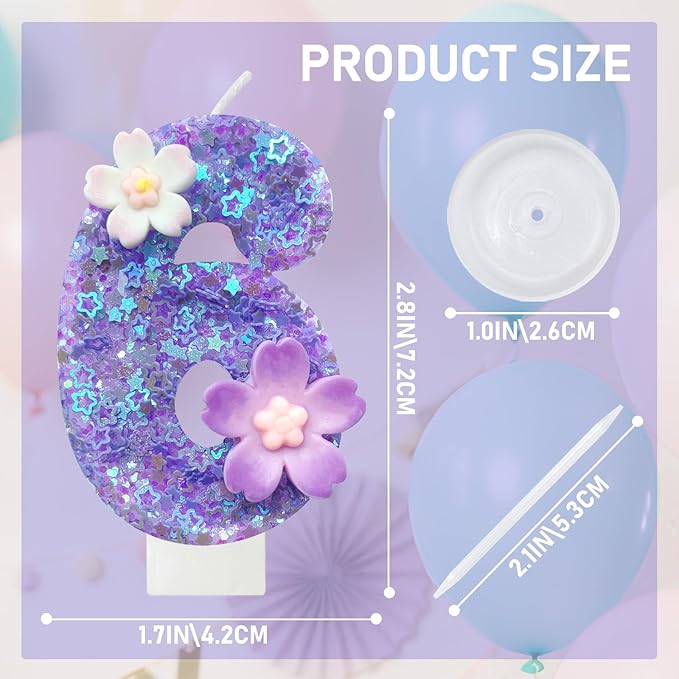 Purple Flower Birthday Candle,Number Birthday Candles for Cake, Ideal Birthday Parties Cake Decor, Wedding Anniversary and Other Celebrations (Number 6, Purple)