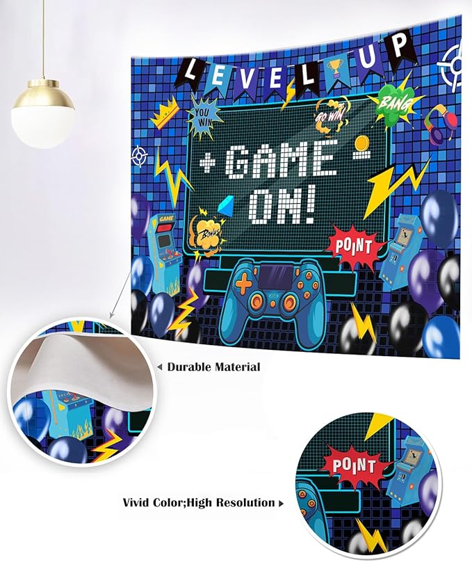Mocsicka Video Game Birthday Backdrop Game on Happy Birthday Party Decorations Level up Party Background for Photography Wall Decorations Supplies (Game on, 5x3ft(60"x36"))