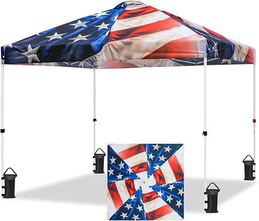 EAGLE PEAK Pop Up Canopy Tent with Wheeled Carry Bag, 8 Stakes, 4 Ropes, 4 Weight Bags, Easy Set Up Tent Canopy, 10x10 ft, 100sqft of Shade, Stars and Stripes
