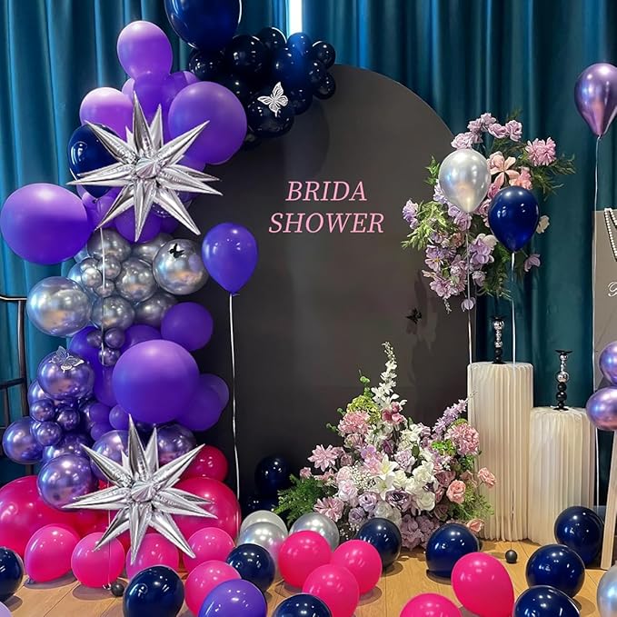 MEBAY Hot Pink Purple Dark Blue Baloon Garland Arch Kit with 4D Star Foil Balloon Silver, 155Pcs Latex Balloons Different Sizes 18 12 10 5 inch for Graduation Birthday Wedding