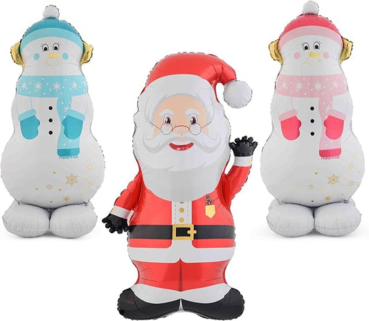 Christmas Ballooons Giant Standing Snowman Balloons Large Santa Claus Balloon with Base for Christmas-Themed Party Birthday Party Supplies Decorations 3 PCS