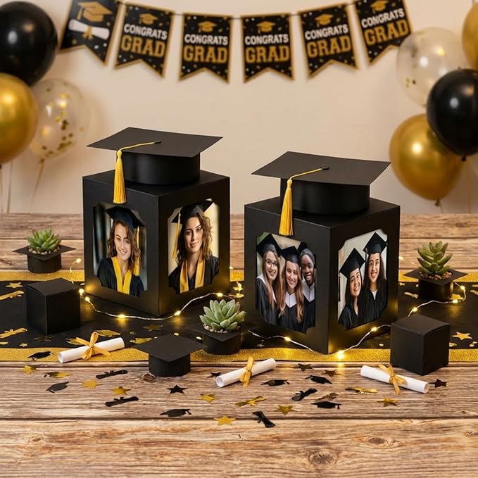 Spiareal 6 Pcs Black Graduation Table Centerpieces Box with Hat, 6/7 Inch Picture Box Centerpieces for Table Photo Props Frame Congrats Grad Decorations for Graduation Wedding
