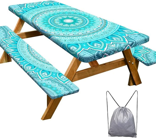 Play Tailor Picnic Table Cover with Bench Covers Camping Essentials Waterproof Windproof Camping Tablecloth with Drawstring Bag, Fitted Rectangle Tables and Seats, 72in, Ice Blue