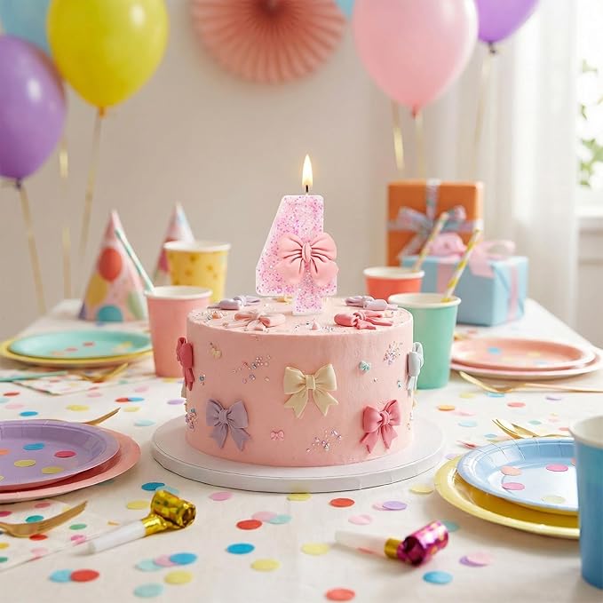 Pink Bow Number 4 Birthday Candle, Glittering Candles Birthday Cake Topper, Princess Themed Party Decor for Girls and Women Anniversary Party Supplies