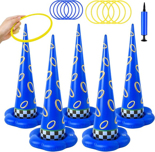 5 Pack Inflatable Ring Toss Game - Blue with Gold Ring Birthday Party Games with 10 Plastic Rings & Pump, Indoor Outdoor Carnival Toss Toy for Kids Party Favors