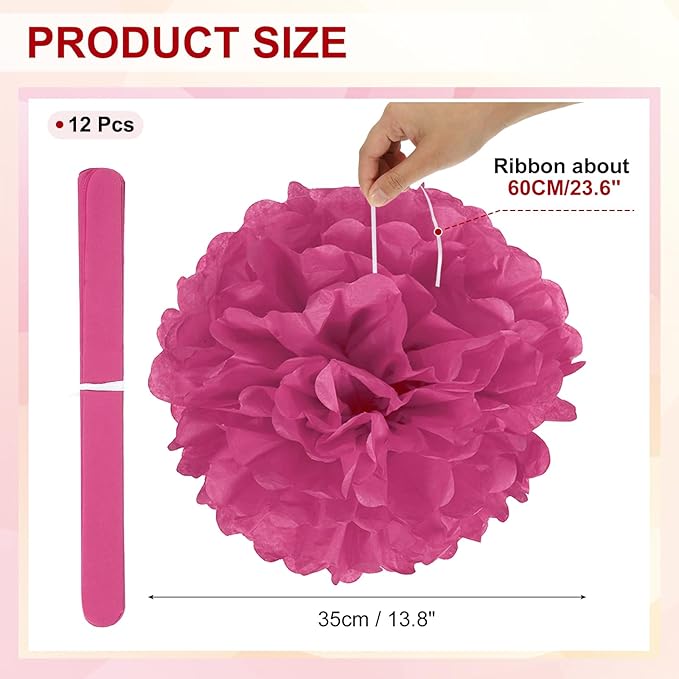 PATIKIL 14inch Tissue Paper Pom Poms, 12PCS Pom Poms Paper Flowers Ball Tissue Paper Flowers for Wedding Bridal Shower Birthday Bachelorette Party Backdrop Decoration, Rose Red