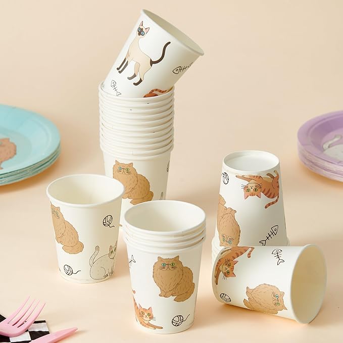 144Pcs Cat Birthday Party Supplies Decorations Cat Themed Paper Plates Napkins Vintage Party Tableware Disposable Pet Dinnerware Set for Kids Birthday Baby Shower Table Decor, Serve 24
