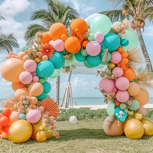 Pinbra Pastel Balloons Garland Kit Coral Pink Teal Blue Balloons Double Stuffed Light Green Orange Gold Metallic Latex Arch for Tropical Hawaii Luau Birthday Baby Shower Easter Party Decorations