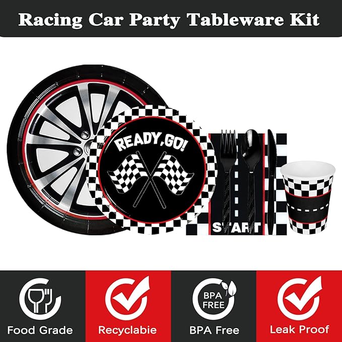 175 Pcs Race Car Birthday Party Decorations Racing Checkered Set Includes Plates, Napkins, Cups, Cutlery for Race Car Theme Birthday Decorations Serves 25