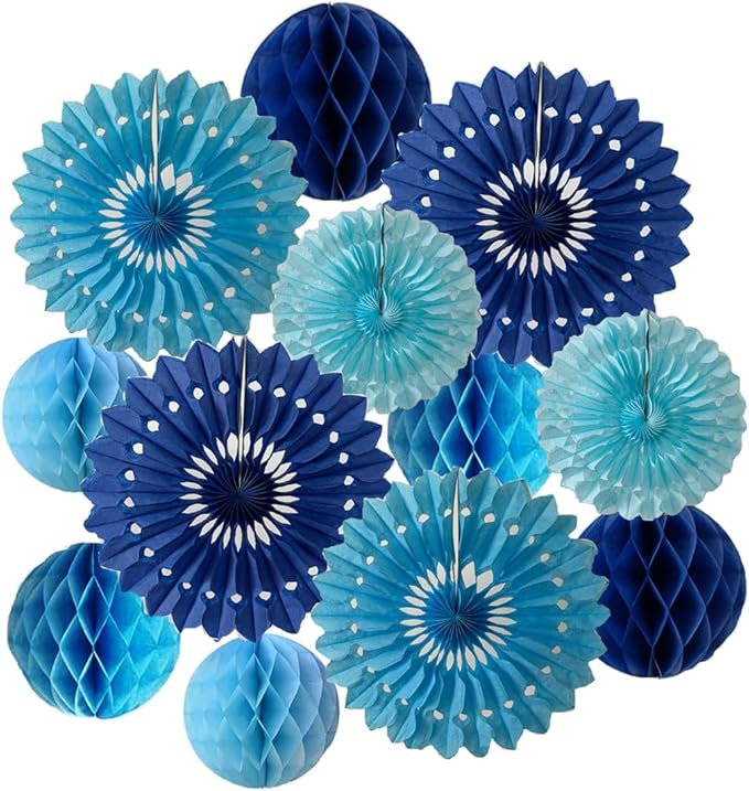 12pcs 6’’ 8’’ Honeycomb Balls Tissue Paper Fans Party Honeycomb Ball Fans Wall Decorations Tissue Pom Poms Flower Balls Hanging Paper Fans for Party Baby Shower Birthday Wedding Nursery(Blue kit)