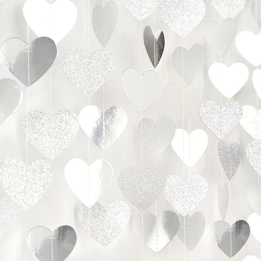 White -Silver Disco Party-Decoration Heart Garland - 52ft Birthday New Years Eve Hanging Backdrop Streamers,Graduation Engagement Wedding Bachelorette Winter Christmas Banner Decor Lasting Surprise