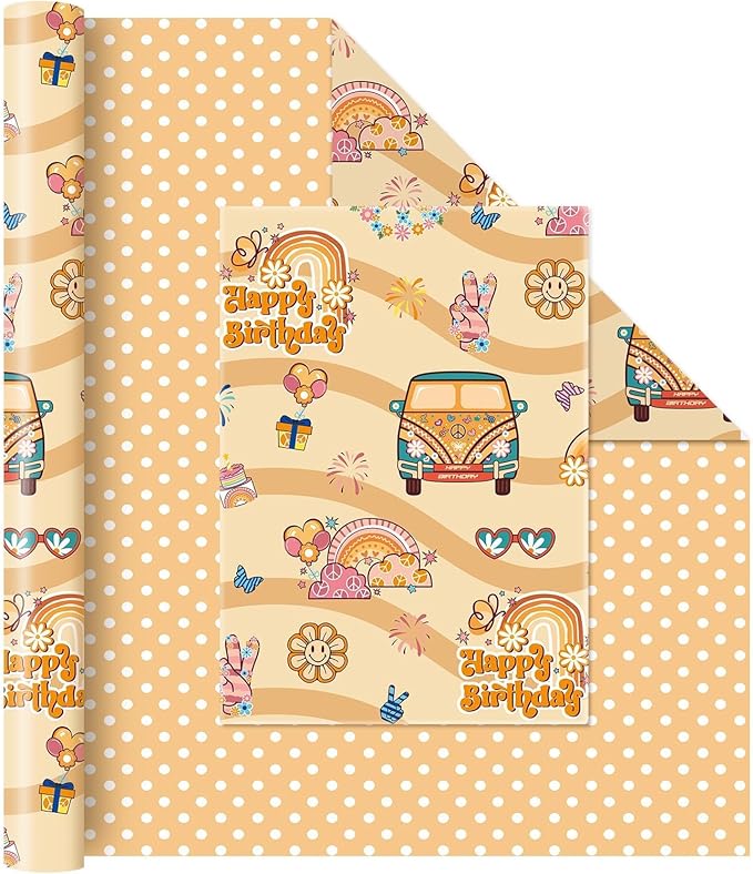 WERNNSAI Retro Hippie Wrapping Paper - 1 Roll 17” x 33 ft Boho Rainbow Daisy Wrapping Paper Groovy Brown Gift Packing Favor for Kids Birthday Vintage Theme Party Supplies Reversible Polka Dot Design