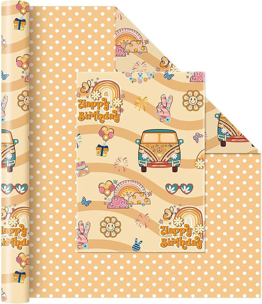WERNNSAI Retro Hippie Wrapping Paper - 1 Roll 17” x 33 ft Boho Rainbow Daisy Wrapping Paper Groovy Brown Gift Packing Favor for Kids Birthday Vintage Theme Party Supplies Reversible Polka Dot Design