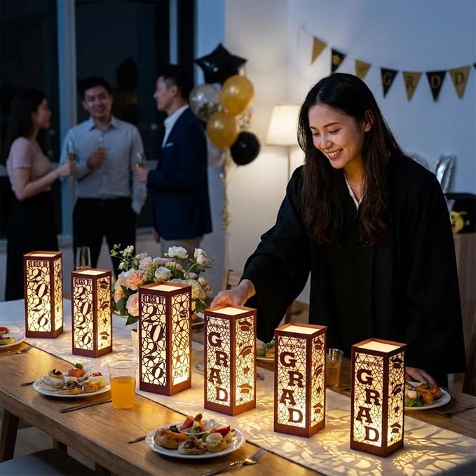 Rossesay 6 Pcs Graduation Table Centerpieces Boxes Class of 2026 Graduation Lanterns for Centerpieces with LED Candles Congrats Grad School College Photo Props for Party Table Decoration (Chestnut)
