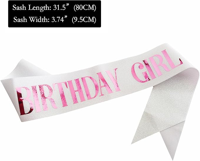 Birthday Sash for Girl, Pink Foil Letter Glitter White Birthday Girl Sash for 10th 11th 13th 16th 18th 21st Bday Gifts Party Suppiles Favors