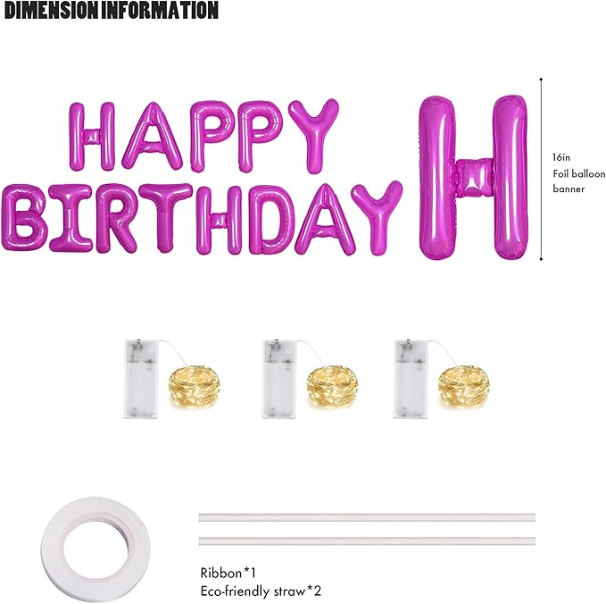 CANREVEL Happy Birthday Banner 13pcs 16 Inch Mylar Foil Letters Sign Balloons with LED Lights Birthday Party Decorations for Kids and Adults - 3D Hot Pink