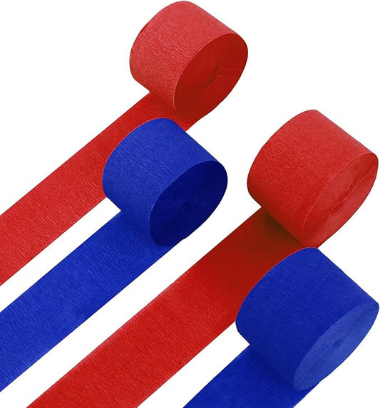 4 Rolls Crepe Paper Red Royal Blue Streamers – Perfect for Streamers Party Decorations, Wedding, Birthday, Colored Decor, and DIY Craft Supplies(1.8 Inch x 82 Ft/Roll)