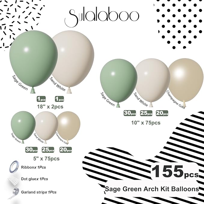 Sage Green Balloons Arch Kit 155Pcs Different Sizes of 18 10 5 Inch Latex Olive Green Sand White Metallic Gold Balloon Garland for Birthday Anniversary Wedding Party Decorations