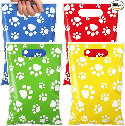 Pasimy 100 Pcs Dog Paw Gift Bags Bulk Pet Paw Puppy Plastic Treat Favor Candy Goodie Bags with Handle for Dog Birthday Party Decoration Supplies(Four Colors)