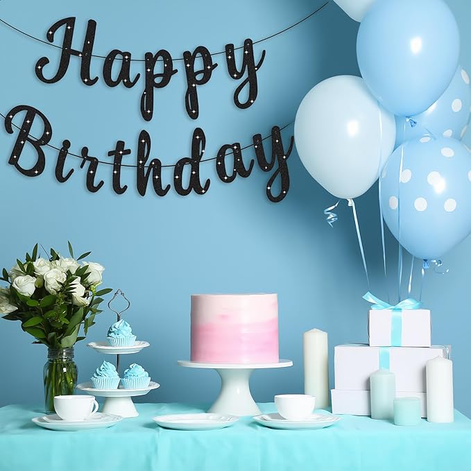 Black Happy Birthday Banner Signs Glitter Happy Birthday Sign Garlands for Women Men Birthday Party Decorations Supplies