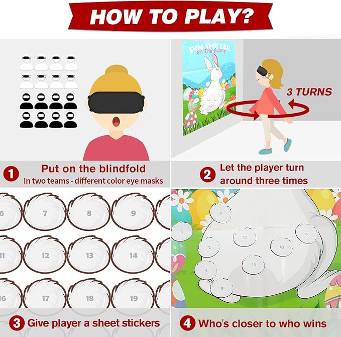 PARTYLOUD Pin The Tail on The Bunny, Easter Games, 30 PCS Easter Party Games Classroom Toddlers Preschool Party Supplies Favors for Boys Girls Adults