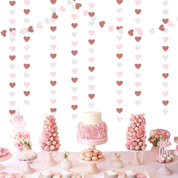 Pink-White Rose-Gold Valentines Party-Decorations Heart-Garland - 52ft Galentines Women Streamers Banner,Romantic Special Night Wedding Bachelorette Bridal Shower Birthday Backdrop Decor Burgleda