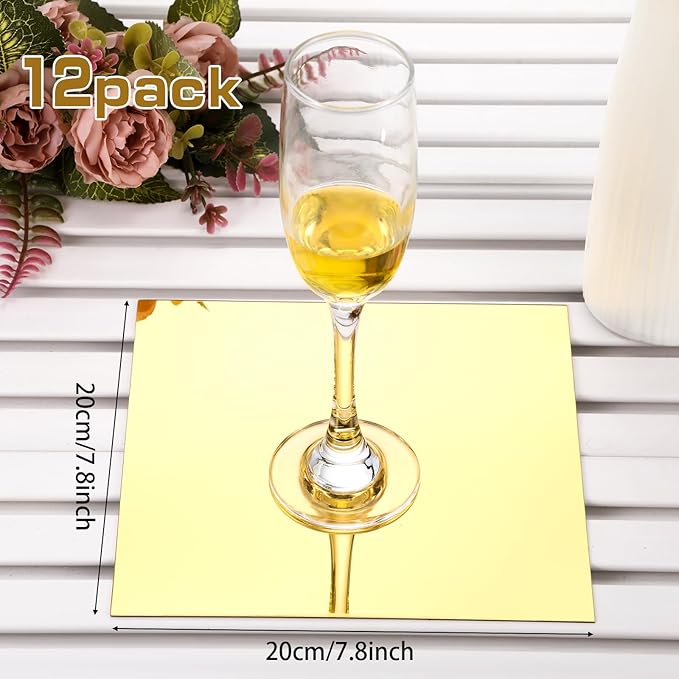 Thyle 12 Pcs Acrylic Square Mirrors for Tables, Centerpieces, Wall, Wedding, Baby Shower Party, Gold, 8 Inch, 1 mm Thickness