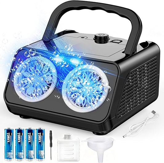 Bubble Machine with Dual Fans, 20,000+ Bubbles Per Minute, USB-C or AA Battery Powered,Leak-Proof Sealed Bottle,Portable Bubble Maker for Birthday Party Pool Wedding Outdoor