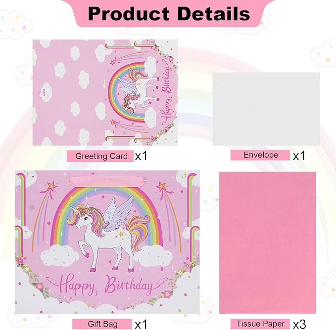 Oletx 13" Pink Unicorn Gift Wrap Paper Bag,Birthday Party Wrapping Bag With Tissue Paper Greeting Card for Women's Party,Mother's Day